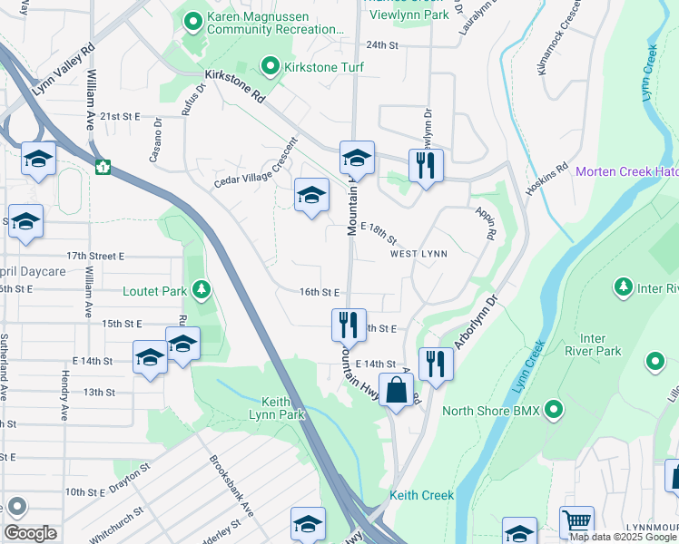 map of restaurants, bars, coffee shops, grocery stores, and more near 1671 Mountain Highway in North Vancouver