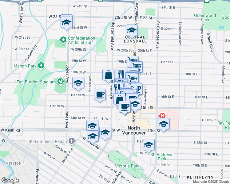 map of restaurants, bars, coffee shops, grocery stores, and more near 304 Chesterfield Avenue in North Vancouver