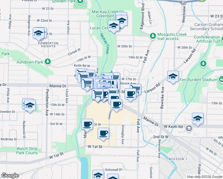 map of restaurants, bars, coffee shops, grocery stores, and more near 918 16th Street West in North Vancouver