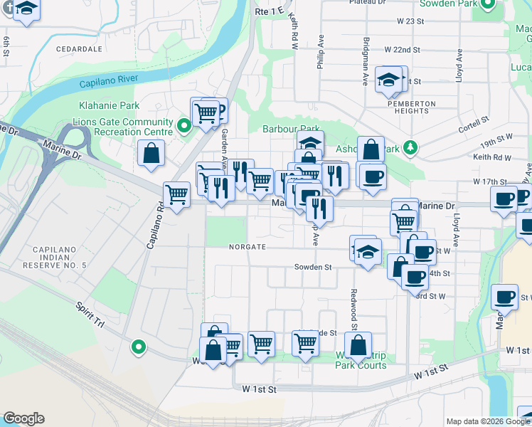map of restaurants, bars, coffee shops, grocery stores, and more near 1591 Bowser Avenue in North Vancouver