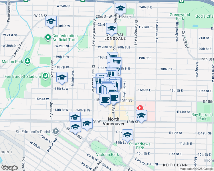 map of restaurants, bars, coffee shops, grocery stores, and more near in North Vancouver