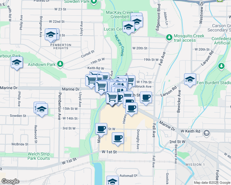 map of restaurants, bars, coffee shops, grocery stores, and more near 1621 Hamilton Avenue in North Vancouver