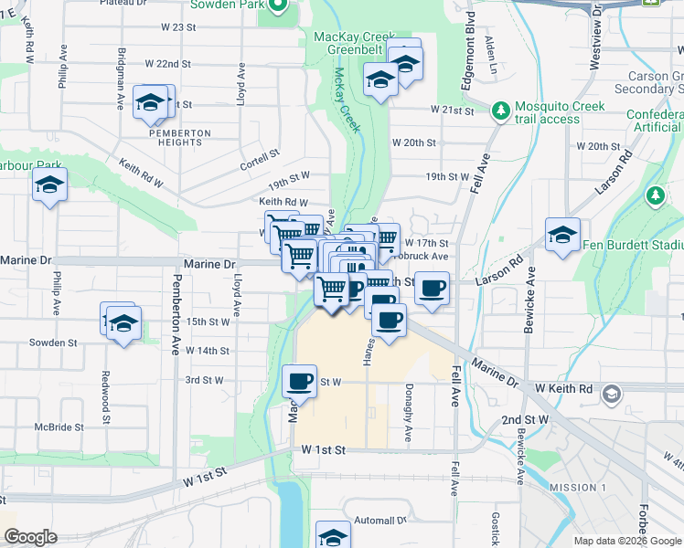 map of restaurants, bars, coffee shops, grocery stores, and more near 1621 Hamilton Avenue in North Vancouver
