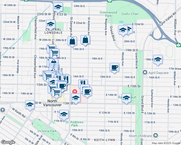map of restaurants, bars, coffee shops, grocery stores, and more near 1626 Saint Andrews Avenue in North Vancouver