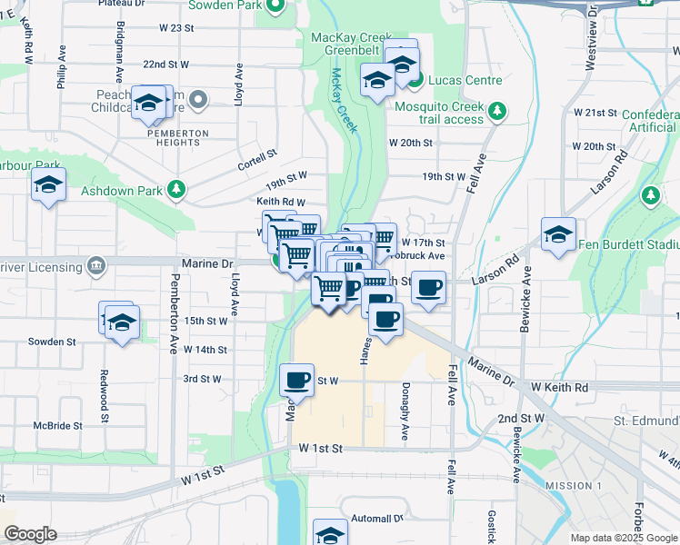map of restaurants, bars, coffee shops, grocery stores, and more near 1621 Hamilton Avenue in North Vancouver