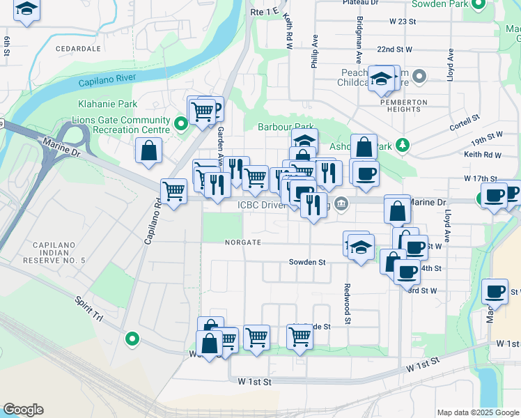 map of restaurants, bars, coffee shops, grocery stores, and more near 1591 Bowser Avenue in North Vancouver