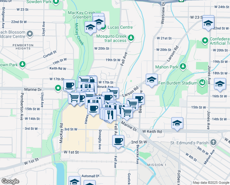 map of restaurants, bars, coffee shops, grocery stores, and more near 1621 Fell Avenue in North Vancouver