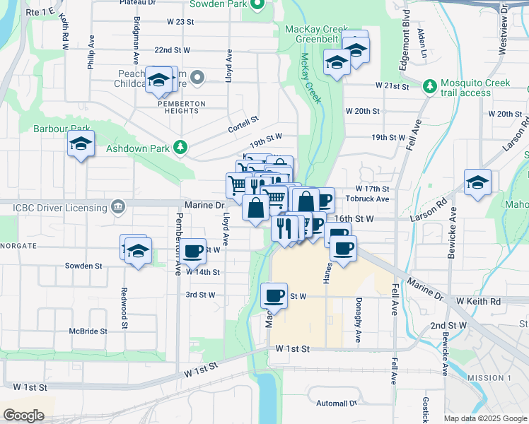 map of restaurants, bars, coffee shops, grocery stores, and more near 1025 Marine Drive in North Vancouver