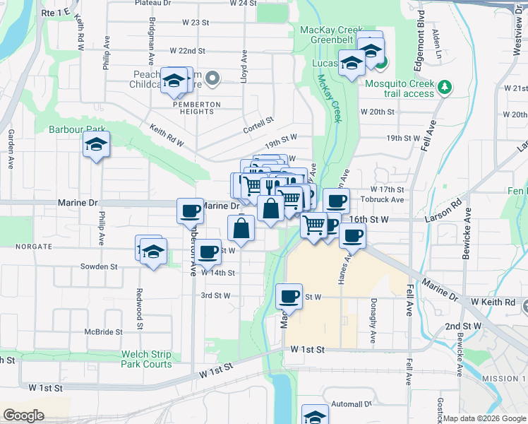 map of restaurants, bars, coffee shops, grocery stores, and more near 1061 Marine Drive in North Vancouver