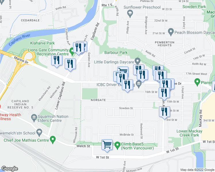 map of restaurants, bars, coffee shops, grocery stores, and more near 1558 Bowser Avenue in North Vancouver