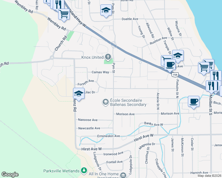 map of restaurants, bars, coffee shops, grocery stores, and more near 702 Forsyth Avenue in Parksville