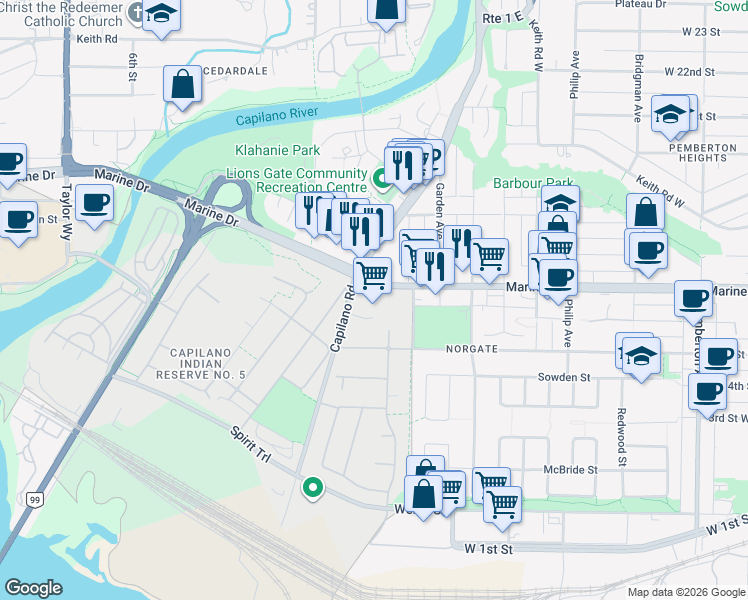 map of restaurants, bars, coffee shops, grocery stores, and more near 1979 Marine Drive in North Vancouver
