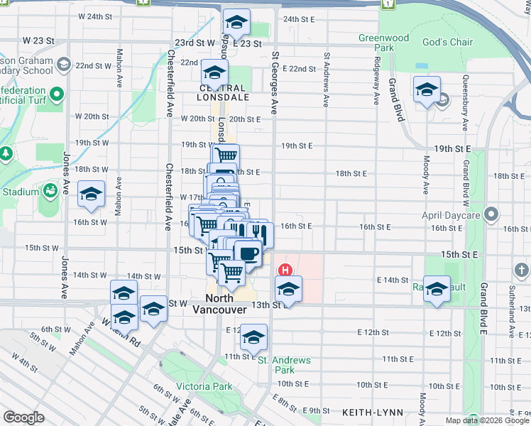 map of restaurants, bars, coffee shops, grocery stores, and more near 1629 Saint Georges Avenue in North Vancouver