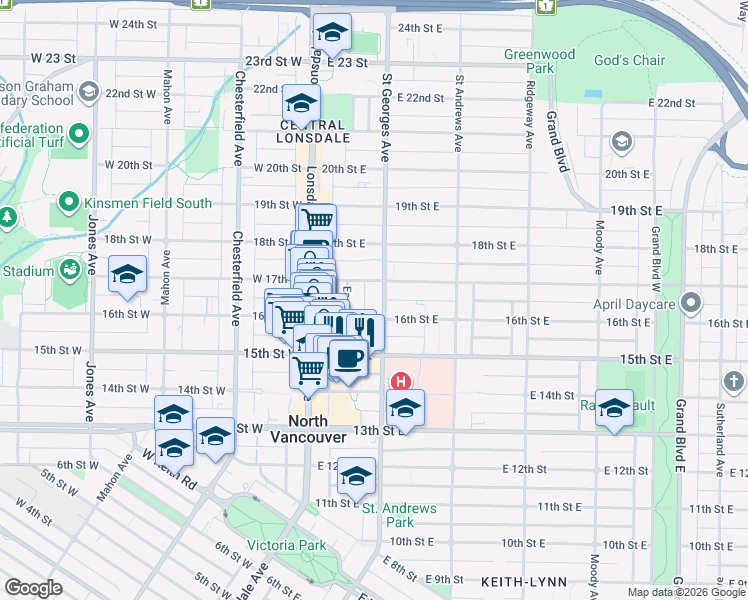map of restaurants, bars, coffee shops, grocery stores, and more near in North Vancouver