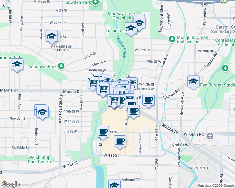 map of restaurants, bars, coffee shops, grocery stores, and more near 1621 Hamilton Avenue in North Vancouver