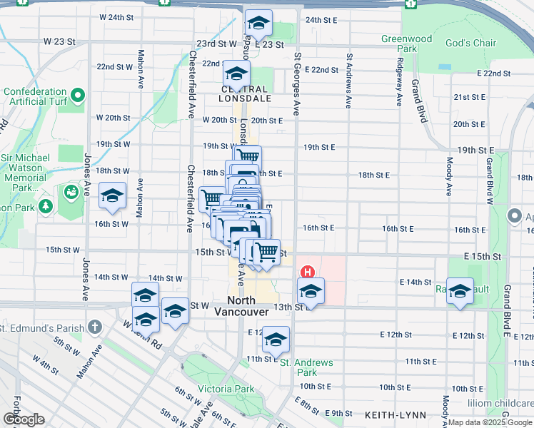 map of restaurants, bars, coffee shops, grocery stores, and more near 1627 Eastern Avenue in North Vancouver