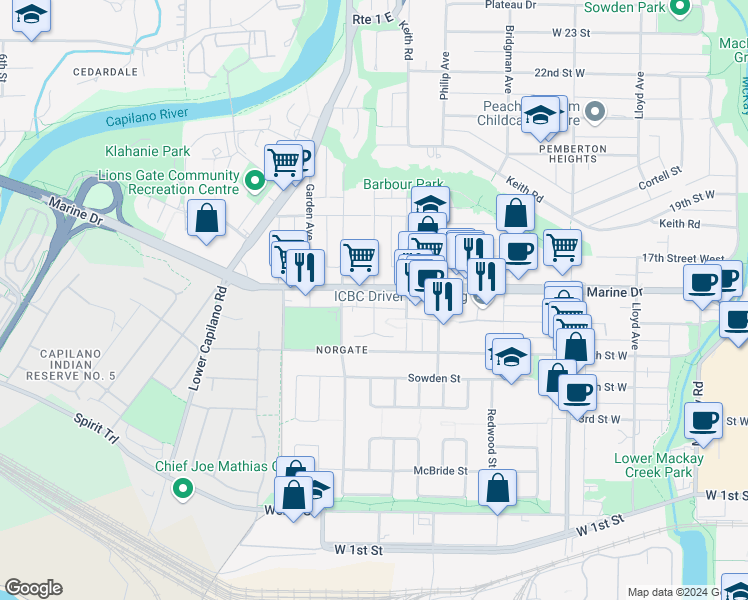 map of restaurants, bars, coffee shops, grocery stores, and more near 1562 Bowser Avenue in North Vancouver