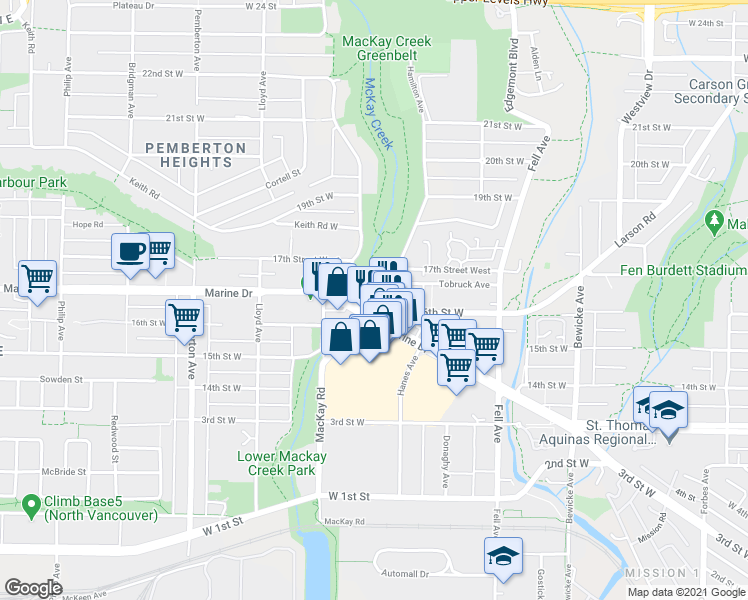 map of restaurants, bars, coffee shops, grocery stores, and more near 943 Marine Drive in North Vancouver