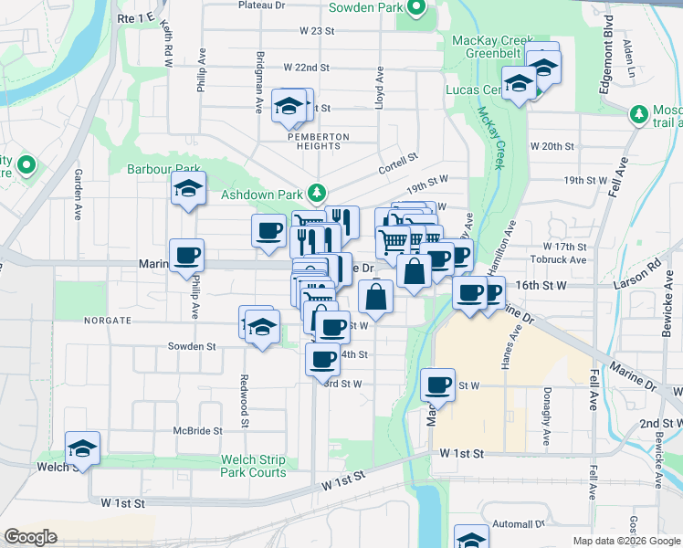 map of restaurants, bars, coffee shops, grocery stores, and more near 1177 Marine Drive in North Vancouver