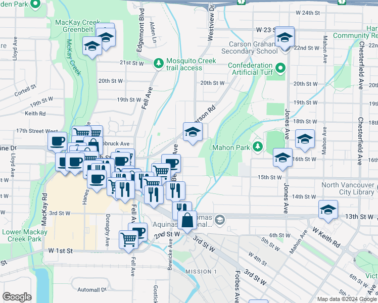 map of restaurants, bars, coffee shops, grocery stores, and more near 1102 16th Street West in North Vancouver