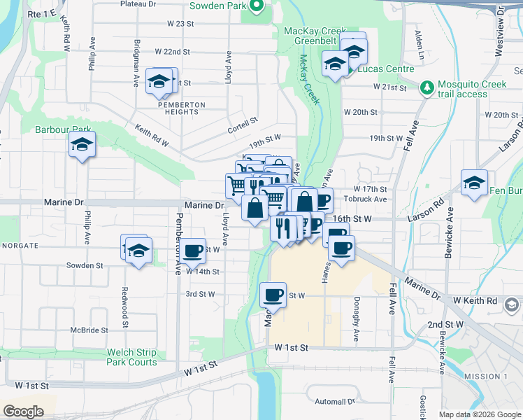 map of restaurants, bars, coffee shops, grocery stores, and more near 1015 Marine Drive in North Vancouver