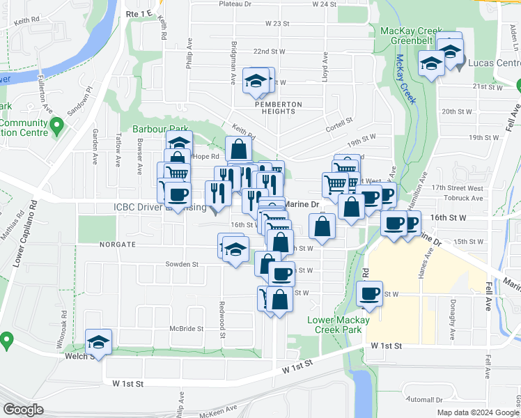 map of restaurants, bars, coffee shops, grocery stores, and more near 1235 Marine Drive in North Vancouver