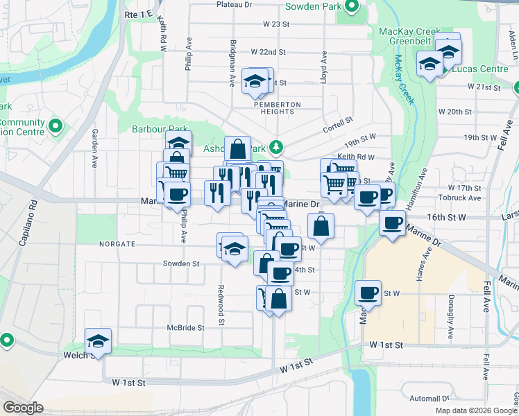 map of restaurants, bars, coffee shops, grocery stores, and more near 1235 Marine Drive in North Vancouver