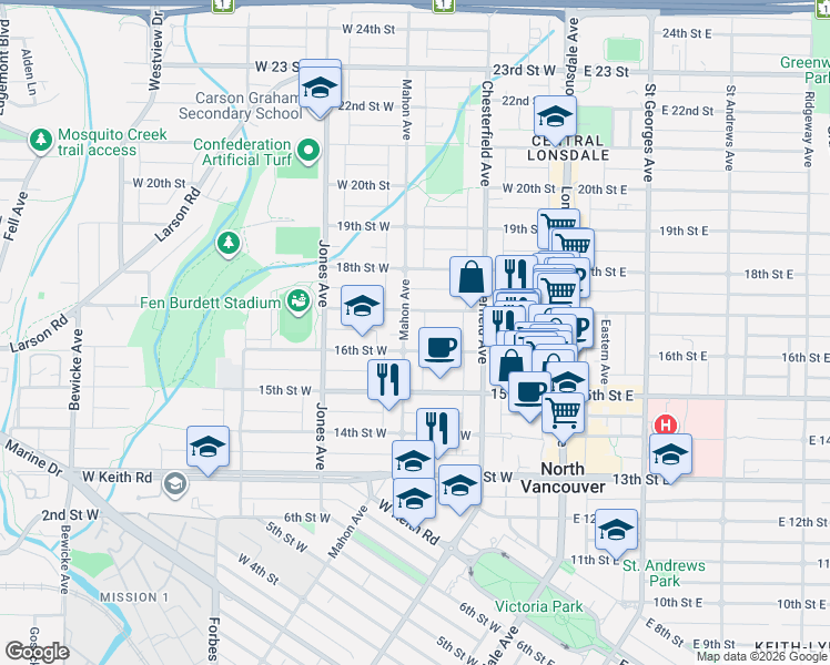 map of restaurants, bars, coffee shops, grocery stores, and more near 1632 Mahon Avenue in North Vancouver