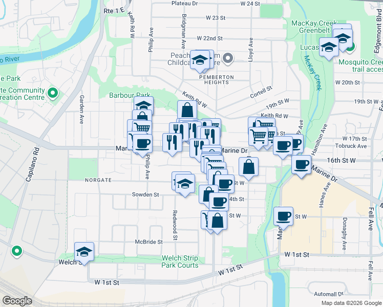 map of restaurants, bars, coffee shops, grocery stores, and more near 1273 Marine Drive in North Vancouver