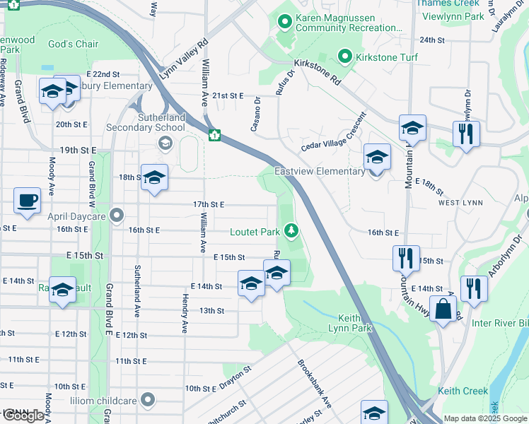 map of restaurants, bars, coffee shops, grocery stores, and more near 887 17th Street West in North Vancouver