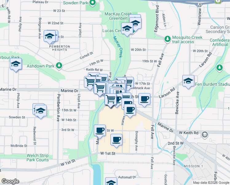 map of restaurants, bars, coffee shops, grocery stores, and more near 1621 Hamilton Avenue in North Vancouver
