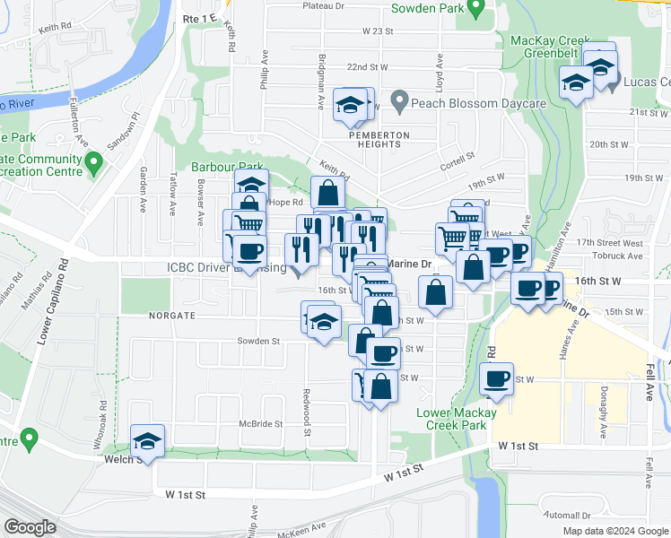 map of restaurants, bars, coffee shops, grocery stores, and more near 1273 Marine Drive in North Vancouver