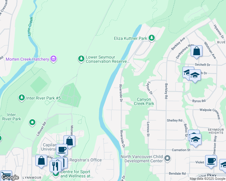 map of restaurants, bars, coffee shops, grocery stores, and more near 1787 Riverside Drive in North Vancouver