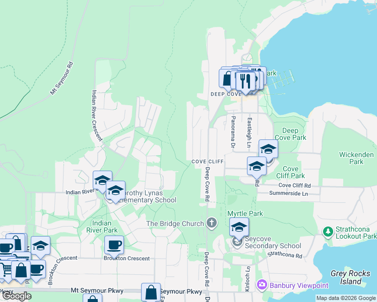 map of restaurants, bars, coffee shops, grocery stores, and more near 1857 Cliffwood Road in North Vancouver