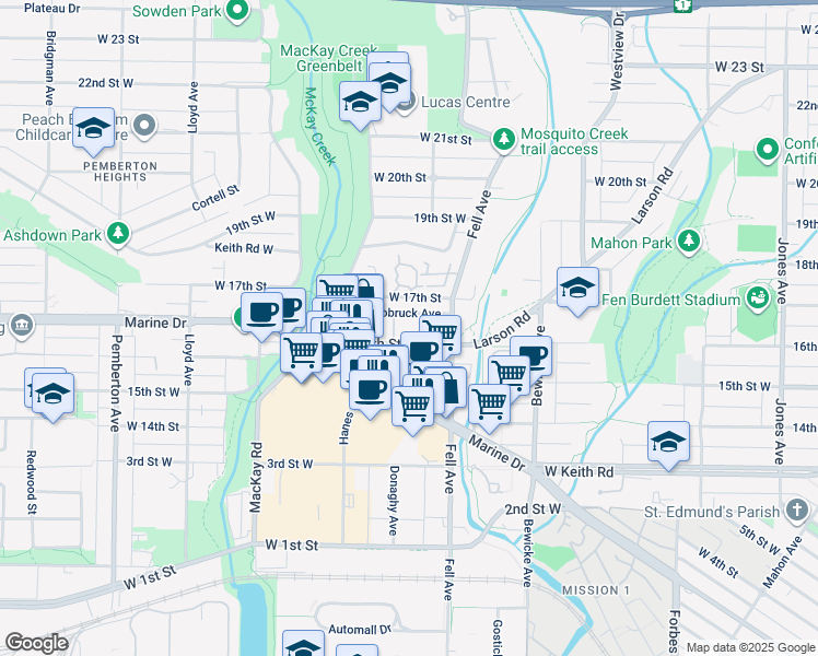 map of restaurants, bars, coffee shops, grocery stores, and more near 848 16th Street West in North Vancouver