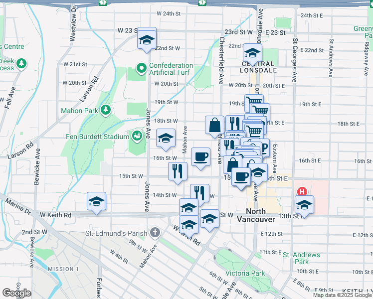 map of restaurants, bars, coffee shops, grocery stores, and more near in North Vancouver