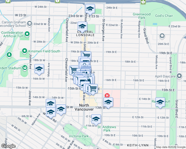 map of restaurants, bars, coffee shops, grocery stores, and more near 1635 Eastern Avenue in North Vancouver