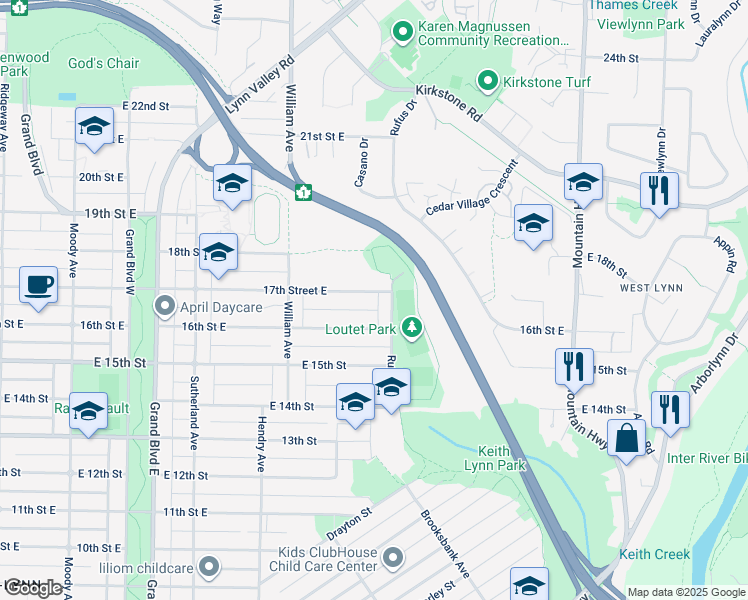 map of restaurants, bars, coffee shops, grocery stores, and more near 887 17th Street East in North Vancouver