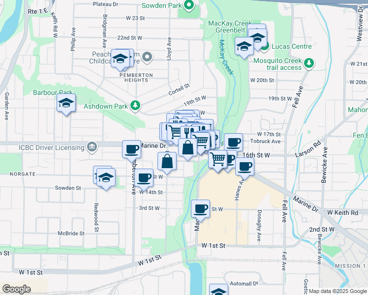 map of restaurants, bars, coffee shops, grocery stores, and more near 1061 Marine Drive in North Vancouver