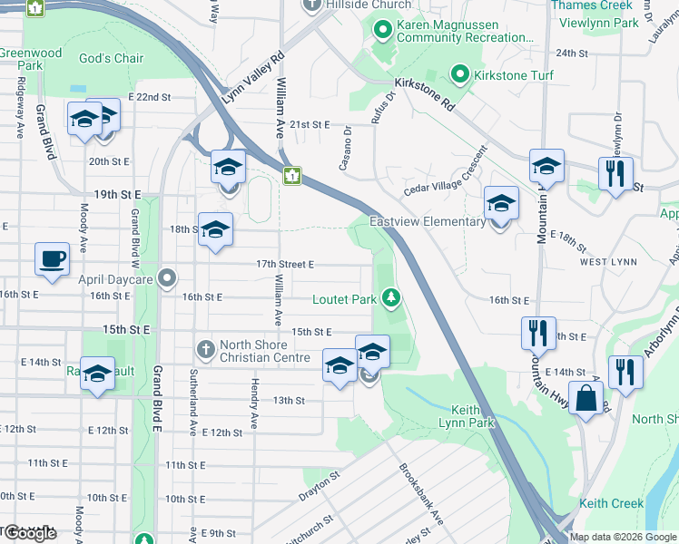 map of restaurants, bars, coffee shops, grocery stores, and more near 865 17th Street East in North Vancouver