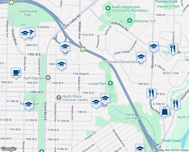 map of restaurants, bars, coffee shops, grocery stores, and more near 859 17th Street East in North Vancouver