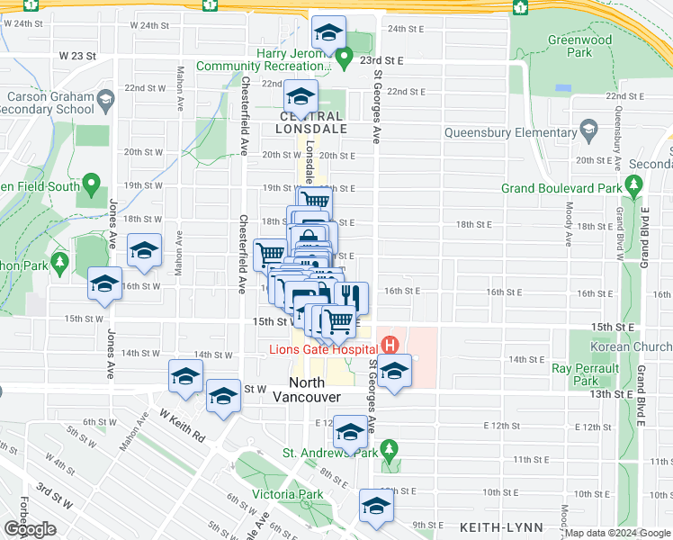 map of restaurants, bars, coffee shops, grocery stores, and more near 1635 Eastern Avenue in North Vancouver