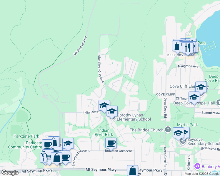 map of restaurants, bars, coffee shops, grocery stores, and more near Indian River Crescent in North Vancouver