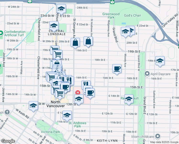 map of restaurants, bars, coffee shops, grocery stores, and more near 1645 Saint Andrews Avenue in North Vancouver
