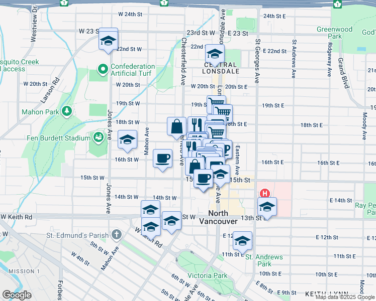 map of restaurants, bars, coffee shops, grocery stores, and more near 153 16th Street West in North Vancouver