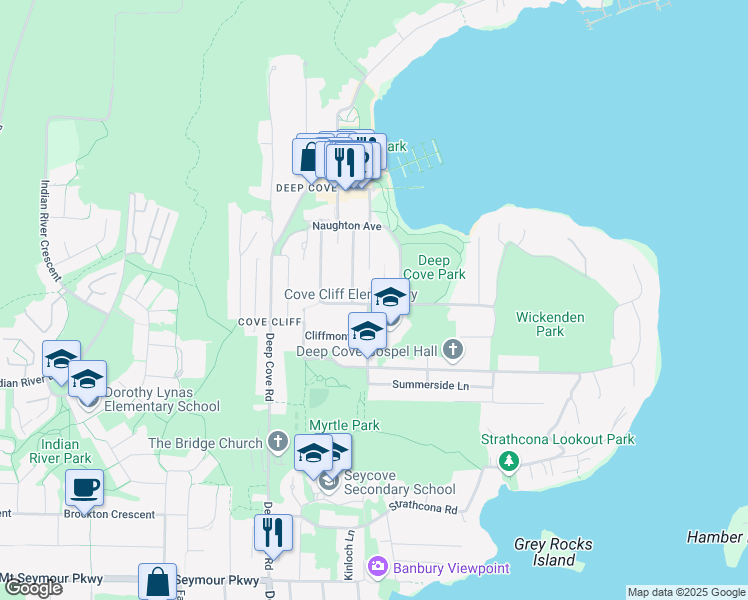 map of restaurants, bars, coffee shops, grocery stores, and more near 1906 Banbury Road in North Vancouver