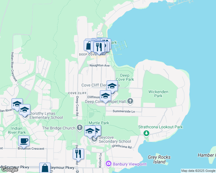 map of restaurants, bars, coffee shops, grocery stores, and more near 1906 Banbury Road in North Vancouver