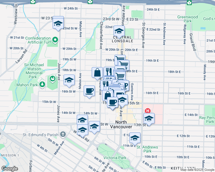 map of restaurants, bars, coffee shops, grocery stores, and more near 153 16th Street West in North Vancouver
