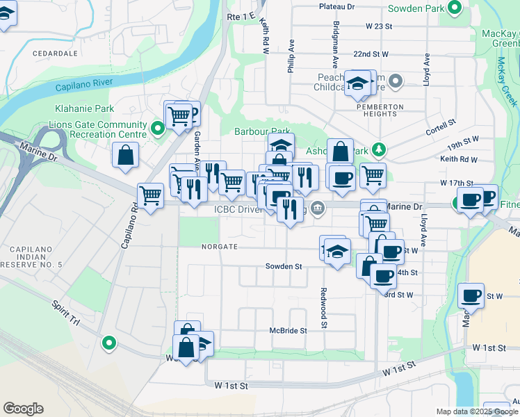 map of restaurants, bars, coffee shops, grocery stores, and more near 1509 Marine Drive in North Vancouver