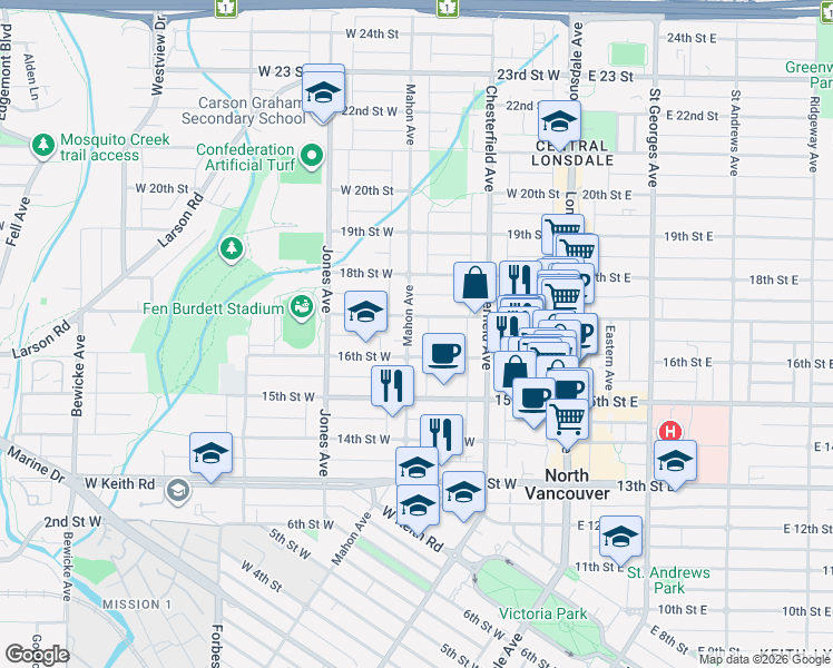 map of restaurants, bars, coffee shops, grocery stores, and more near 1632 Mahon Avenue in North Vancouver